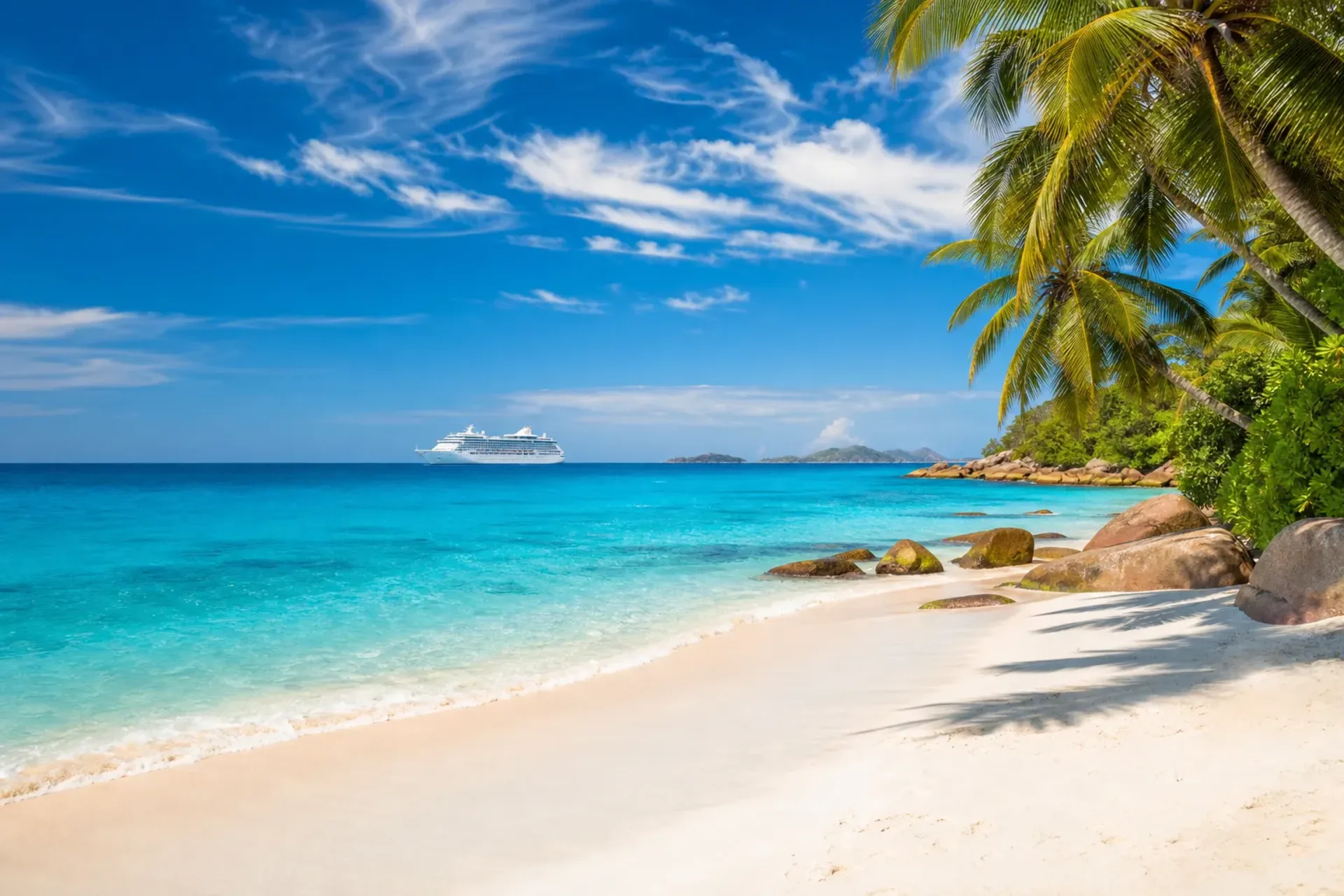 A cruise ship sailing on clear turquoise water near a sandy tropical beach with palm trees, representing Caribbean ocean cruise holidays.