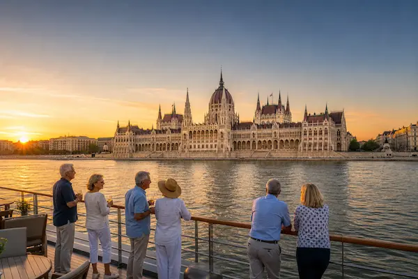 Cruisescapes passengers enjoying a luxury Danube river cruise at sunset with views of the Hungarian Parliament in Budapest.